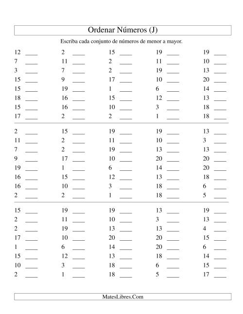 La hoja de ejercicios de Ordenar Números (de 1 a 20) (J)