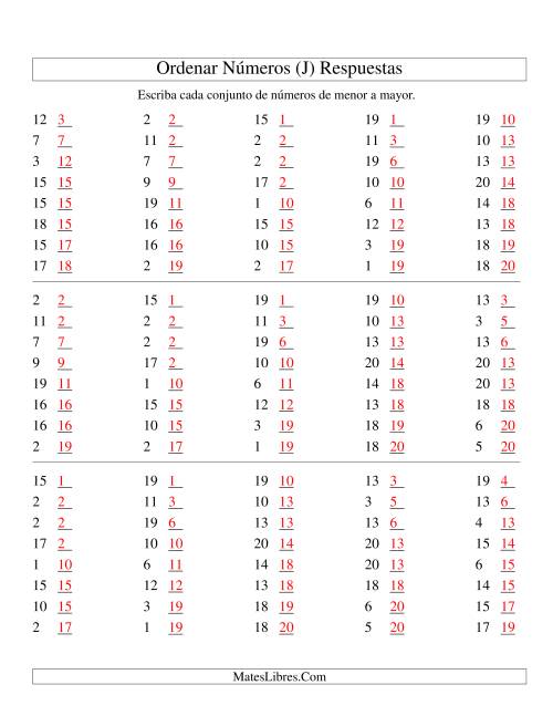 La hoja de ejercicios de Ordenar Números (de 1 a 20) (J) Página 2