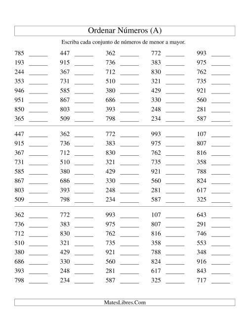 La hoja de ejercicios de Ordenar Números (de 100 a 999) (A)