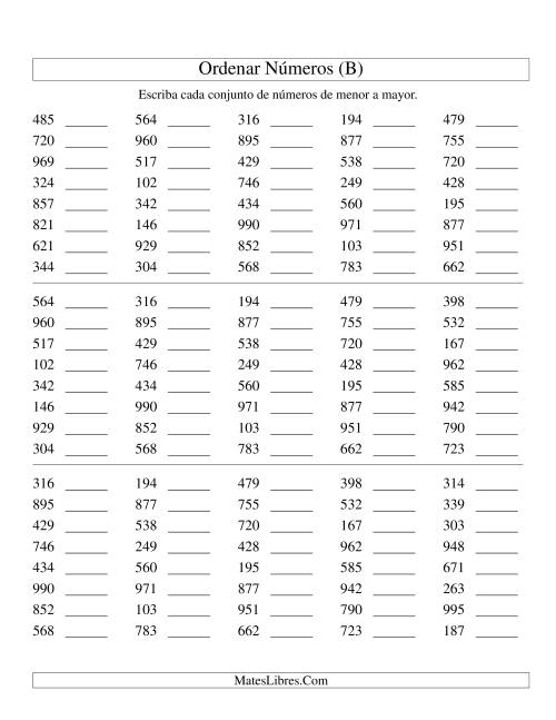 La hoja de ejercicios de Ordenar Números (de 100 a 999) (B)