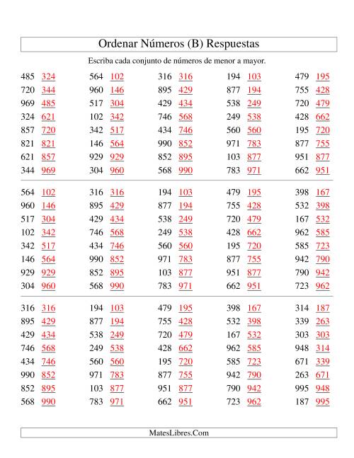 La hoja de ejercicios de Ordenar Números (de 100 a 999) (B) Página 2
