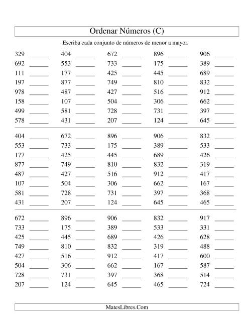 La hoja de ejercicios de Ordenar Números (de 100 a 999) (C)