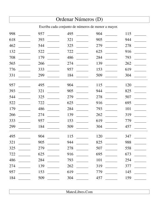 La hoja de ejercicios de Ordenar Números (de 100 a 999) (D)