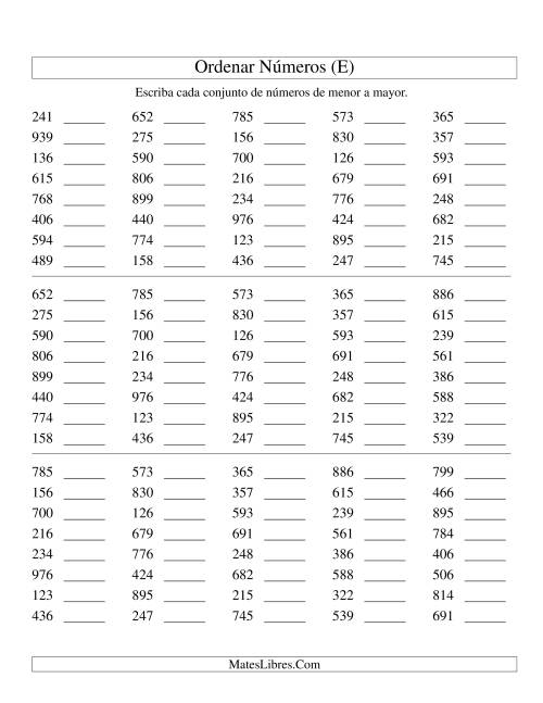 La hoja de ejercicios de Ordenar Números (de 100 a 999) (E)