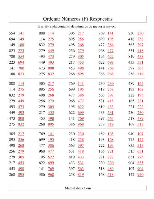 La hoja de ejercicios de Ordenar Números (de 100 a 999) (F) Página 2