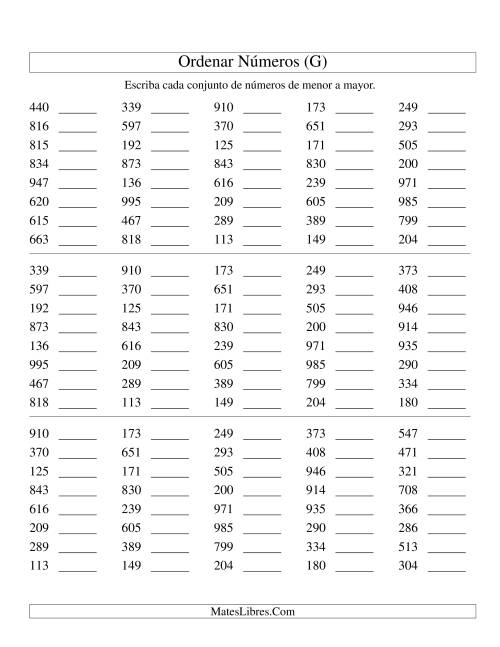 La hoja de ejercicios de Ordenar Números (de 100 a 999) (G)