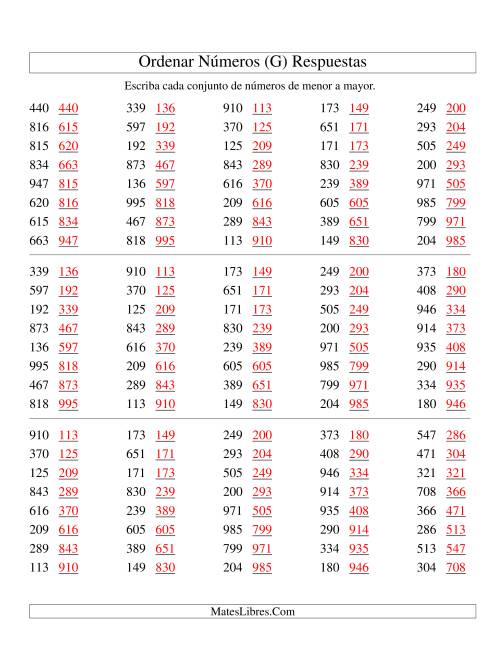 La hoja de ejercicios de Ordenar Números (de 100 a 999) (G) Página 2