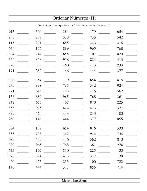 La hoja de ejercicios de Ordenar Números (de 100 a 999) (H)