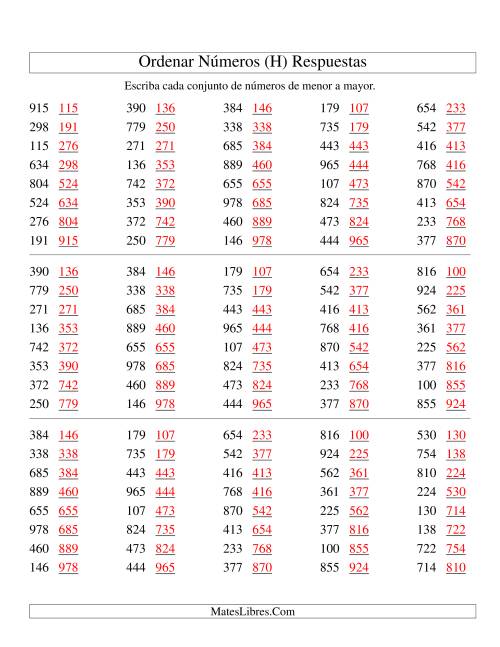 La hoja de ejercicios de Ordenar Números (de 100 a 999) (H) Página 2