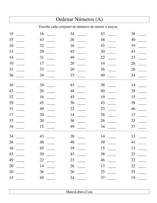 La hoja de ejercicios de Ordenar Números (de 10 a 50) (A)