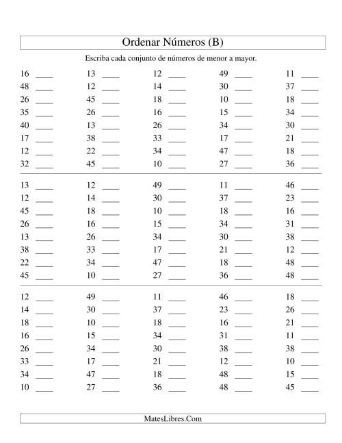 La hoja de ejercicios de Ordenar Números (de 10 a 50) (B)