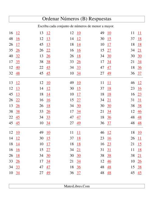 La hoja de ejercicios de Ordenar Números (de 10 a 50) (B) Página 2
