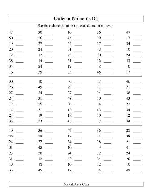 La hoja de ejercicios de Ordenar Números (de 10 a 50) (C)