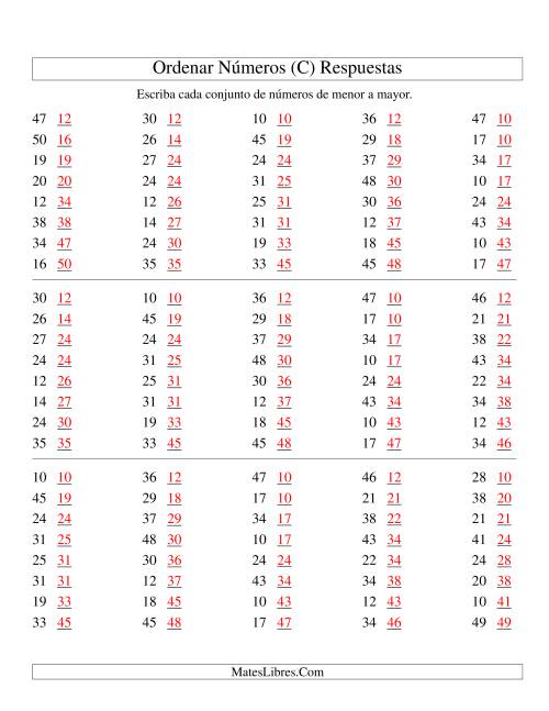 La hoja de ejercicios de Ordenar Números (de 10 a 50) (C) Página 2