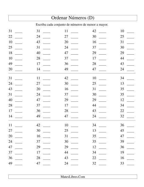 La hoja de ejercicios de Ordenar Números (de 10 a 50) (D)