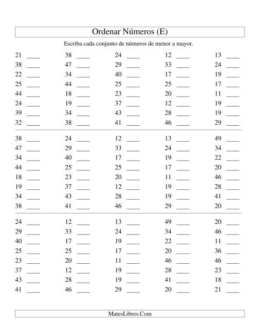 La hoja de ejercicios de Ordenar Números (de 10 a 50) (E)