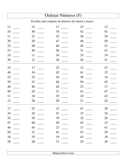La hoja de ejercicios de Ordenar Números (de 10 a 50) (F)
