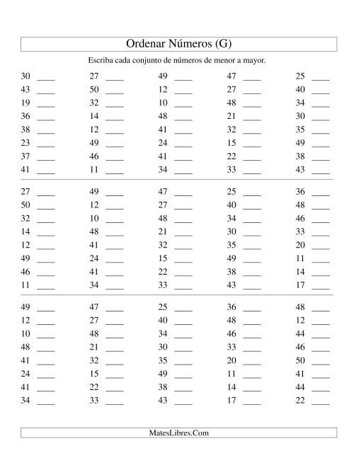 La hoja de ejercicios de Ordenar Números (de 10 a 50) (G)