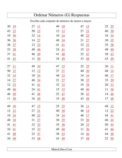 La hoja de ejercicios de Ordenar Números (de 10 a 50) (G) Página 2