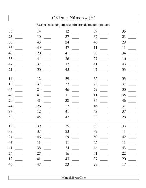 La hoja de ejercicios de Ordenar Números (de 10 a 50) (H)
