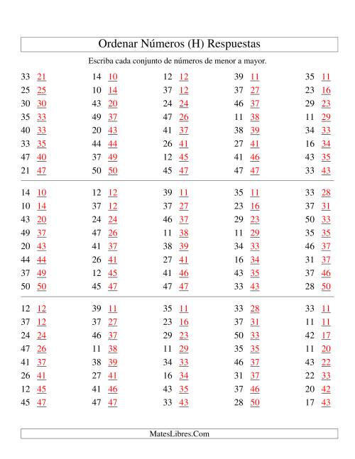 La hoja de ejercicios de Ordenar Números (de 10 a 50) (H) Página 2