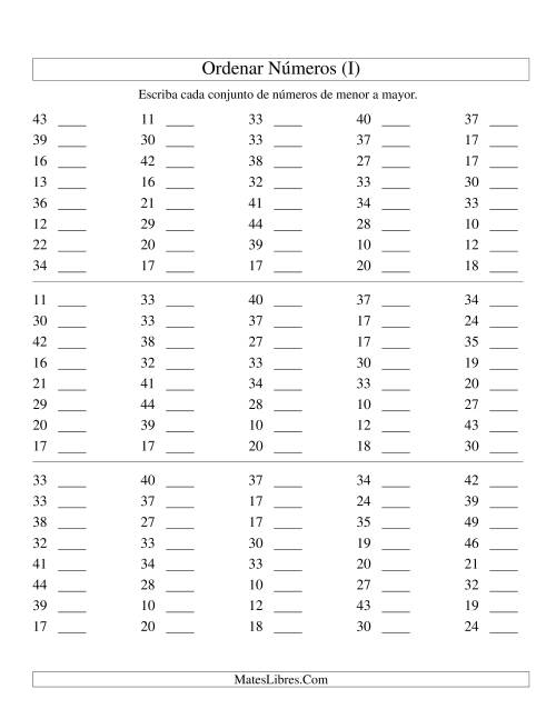 La hoja de ejercicios de Ordenar Números (de 10 a 50) (I)