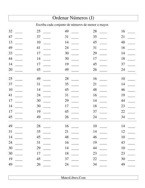 La hoja de ejercicios de Ordenar Números (de 10 a 50) (J)