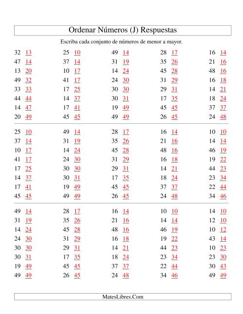 La hoja de ejercicios de Ordenar Números (de 10 a 50) (J) Página 2