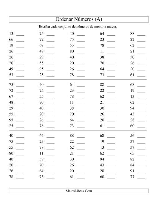 La hoja de ejercicios de Ordenar Números (de 10 a 99) (A)