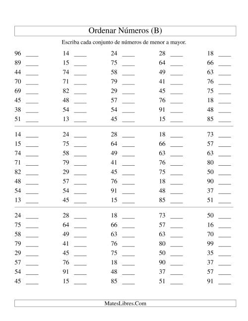 La hoja de ejercicios de Ordenar Números (de 10 a 99) (B)