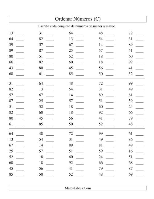 La hoja de ejercicios de Ordenar Números (de 10 a 99) (C)