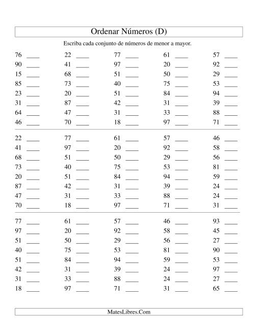 La hoja de ejercicios de Ordenar Números (de 10 a 99) (D)