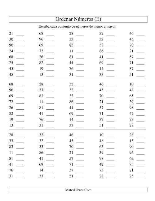 La hoja de ejercicios de Ordenar Números (de 10 a 99) (E)
