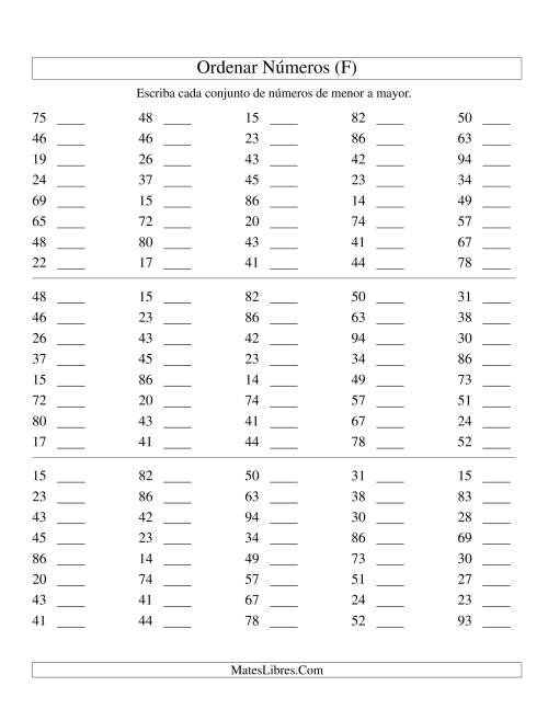 La hoja de ejercicios de Ordenar Números (de 10 a 99) (F)