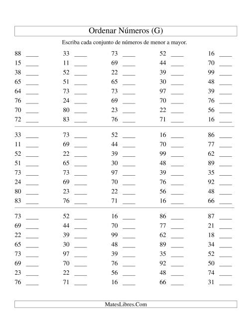 La hoja de ejercicios de Ordenar Números (de 10 a 99) (G)