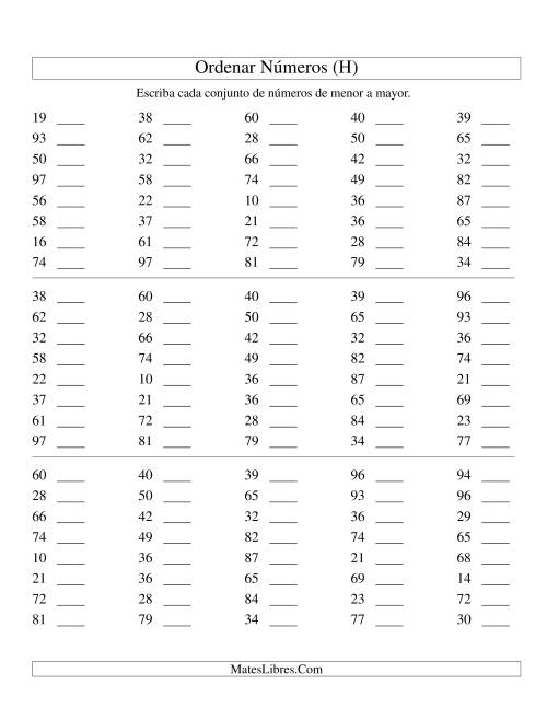 La hoja de ejercicios de Ordenar Números (de 10 a 99) (H)