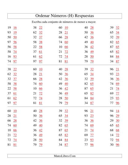 La hoja de ejercicios de Ordenar Números (de 10 a 99) (H) Página 2