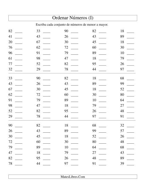 La hoja de ejercicios de Ordenar Números (de 10 a 99) (I)