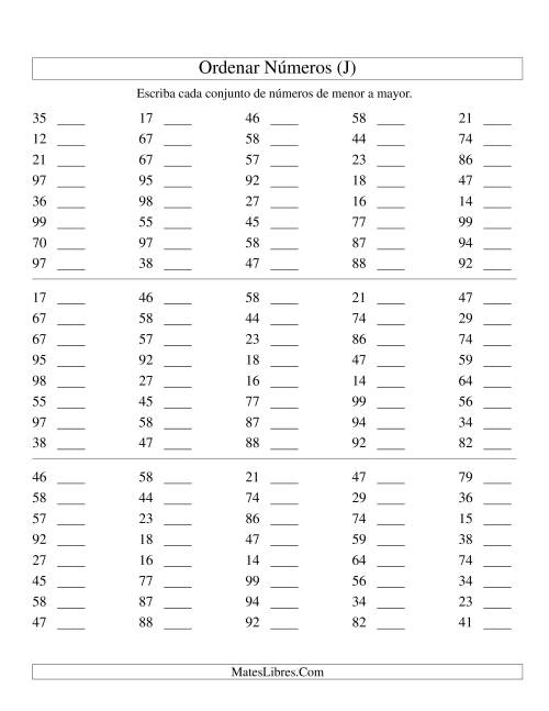 La hoja de ejercicios de Ordenar Números (de 10 a 99) (J)