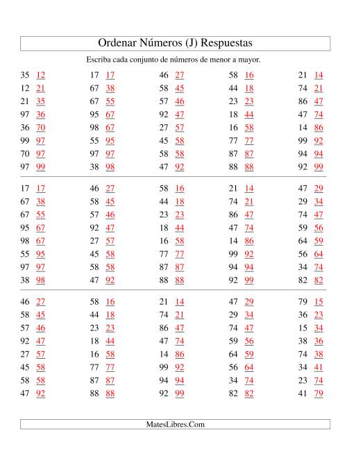 La hoja de ejercicios de Ordenar Números (de 10 a 99) (J) Página 2