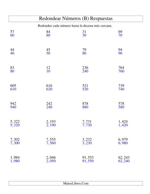 La hoja de ejercicios de Redondear Números hasta la Decena más Cercana (B) Página 2