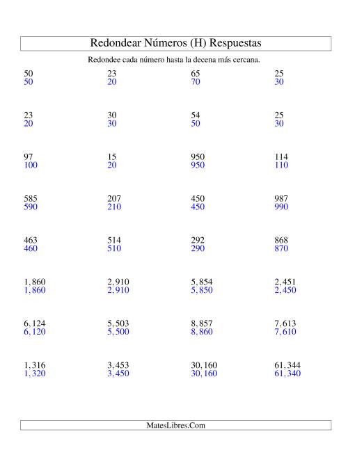 La hoja de ejercicios de Redondear Números hasta la Decena más Cercana (H) Página 2