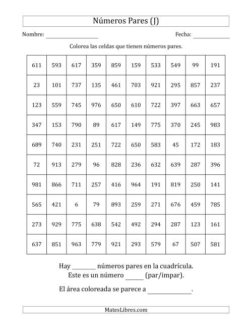 La hoja de ejercicios de Colorear Celdas con Números Pares para Dibujar una Imagen (J)