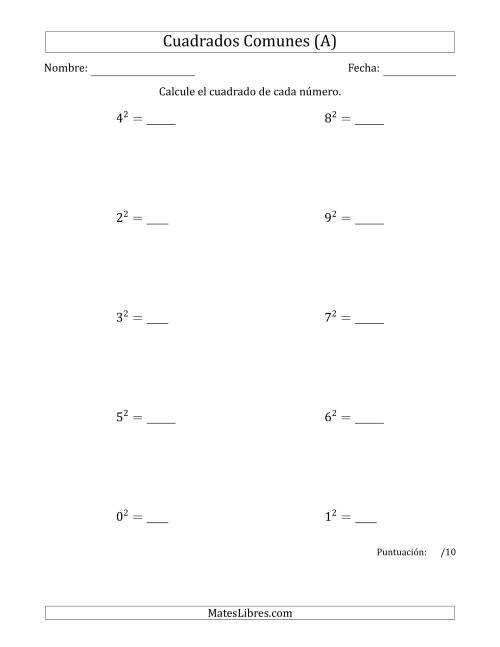 La hoja de ejercicios de Cuadrados de Números entre 0 y 9 (A)