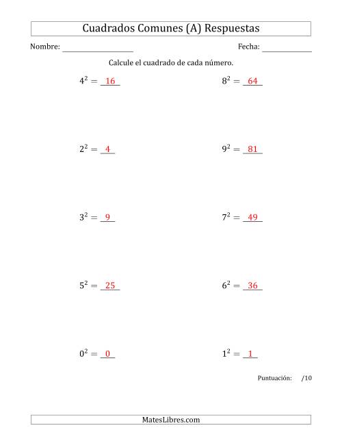 La hoja de ejercicios de Cuadrados de Números entre 0 y 9 (A) Página 2