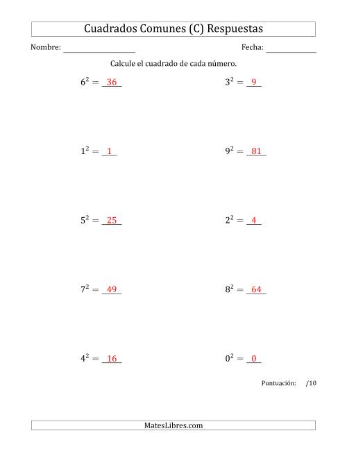 La hoja de ejercicios de Cuadrados de Números entre 0 y 9 (C) Página 2