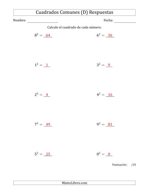La hoja de ejercicios de Cuadrados de Números entre 0 y 9 (D) Página 2