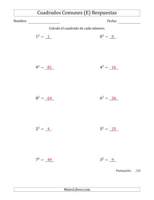 La hoja de ejercicios de Cuadrados de Números entre 0 y 9 (E) Página 2