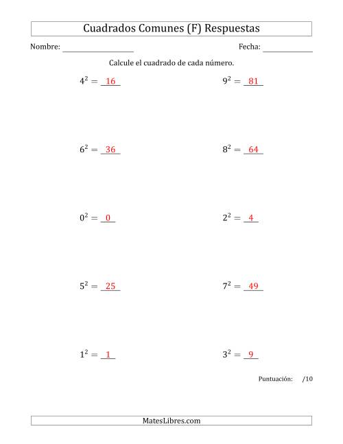 La hoja de ejercicios de Cuadrados de Números entre 0 y 9 (F) Página 2