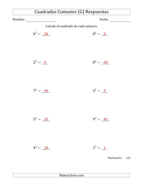 La hoja de ejercicios de Cuadrados de Números entre 0 y 9 (G) Página 2